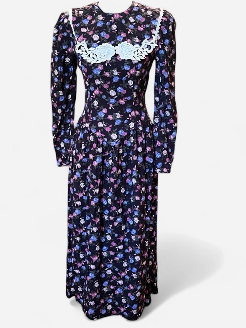 Gunne Sax Black Maxi Dress with Blue & Pink Floral Print Gold and White Lace